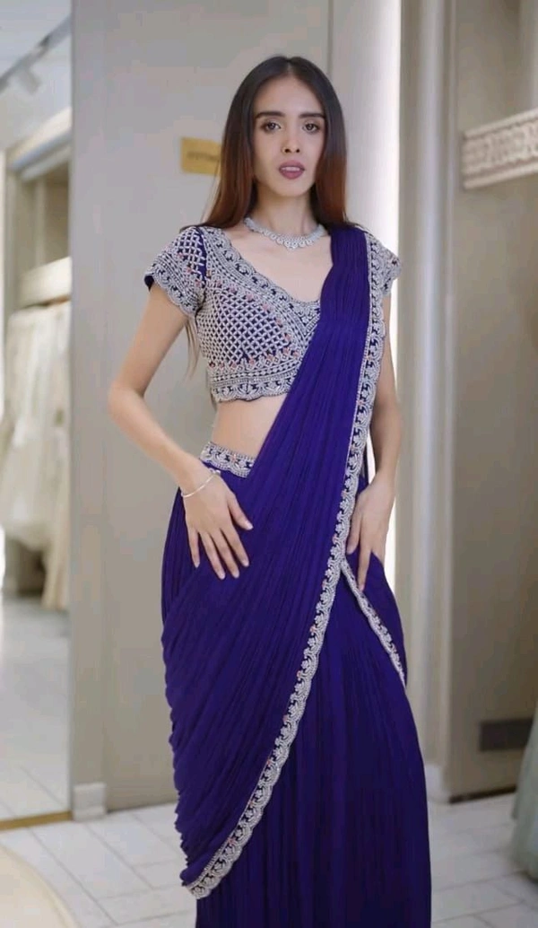 Partywear Fully Stiched Lehenga Saree With Blouse - 42 Xl Free Size, Purple