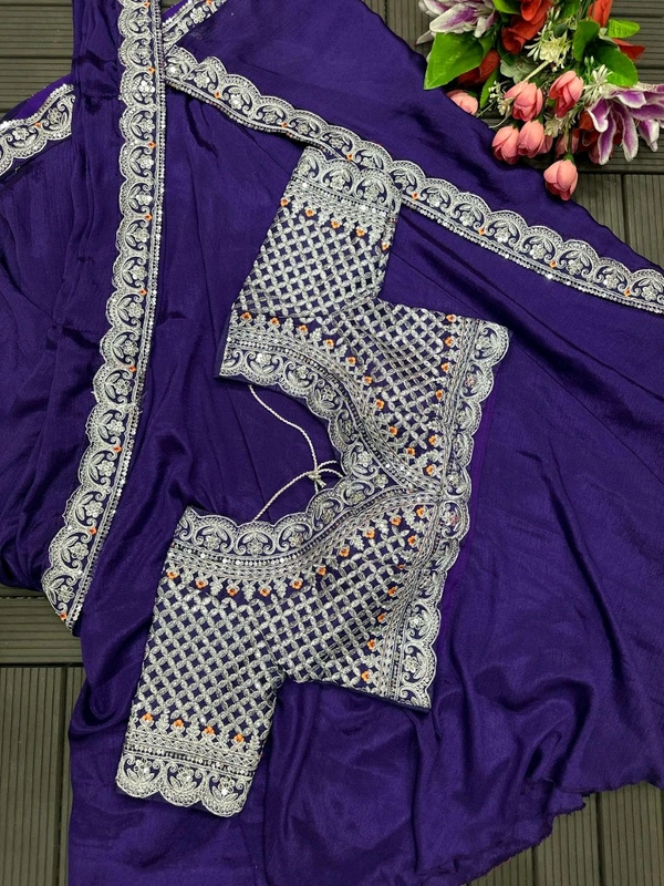 Partywear Fully Stiched Lehenga Saree With Blouse - 42 Xl Free Size, Purple