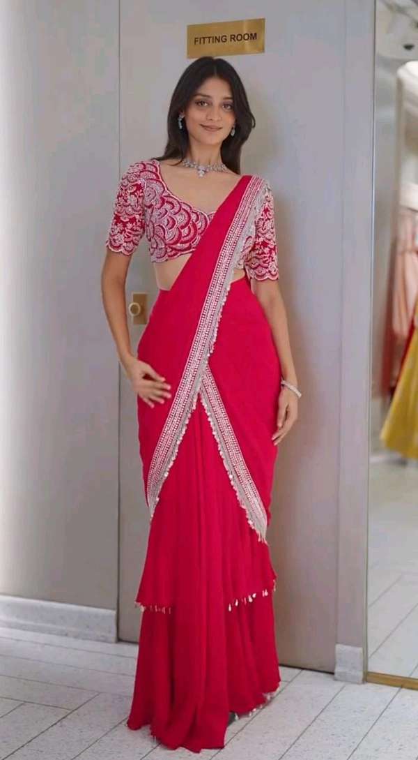 Partywear Fully Stiched Lehenga Saree With Blouse - 42 Xl Free Size, Red