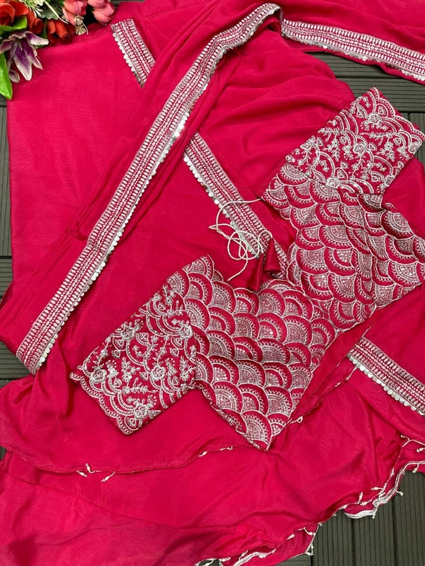 Partywear Fully Stiched Lehenga Saree With Blouse - 42 Xl Free Size, Red