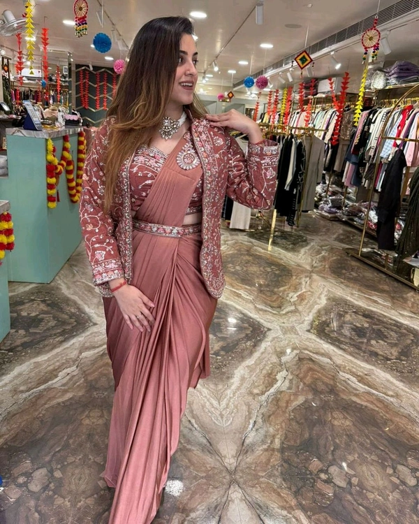 Super Hot Selling Ready To Wear Saree With Full Koti - Free Size Upto 42inch, Sundown