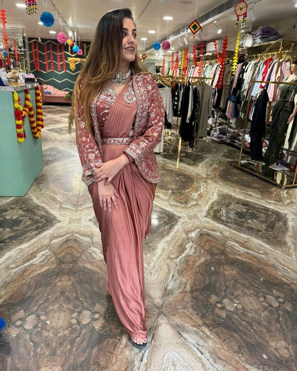 Super Hot Selling Ready To Wear Saree With Full Koti - Free Size Upto 42inch, Sundown