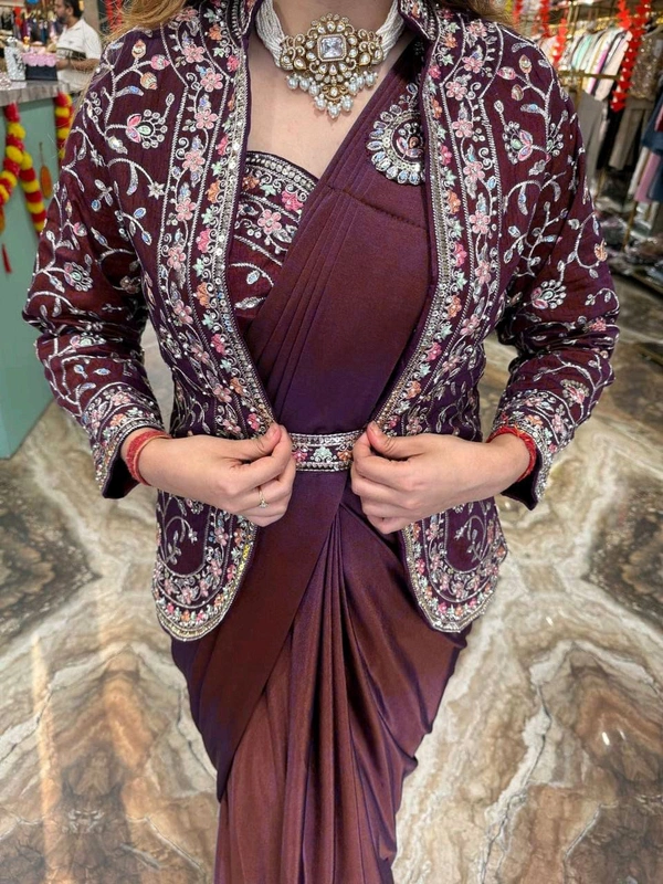 Super Hot Selling Ready To Wear Saree With Full Koti - Free Size Upto 42inch, Maroon