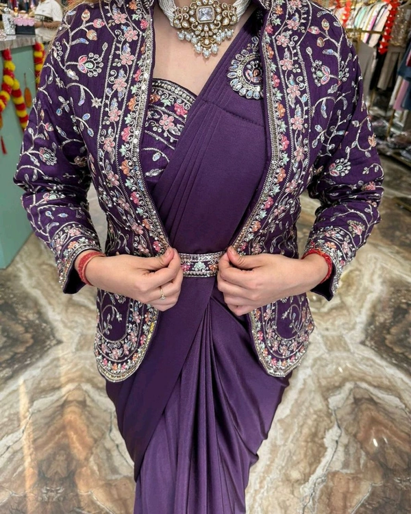 Super Hot Selling Ready To Wear Saree With Full Koti - Free Size Upto 42inch, Purple