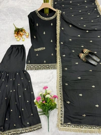 Black Color Chinon Silk Sharara Suit - M