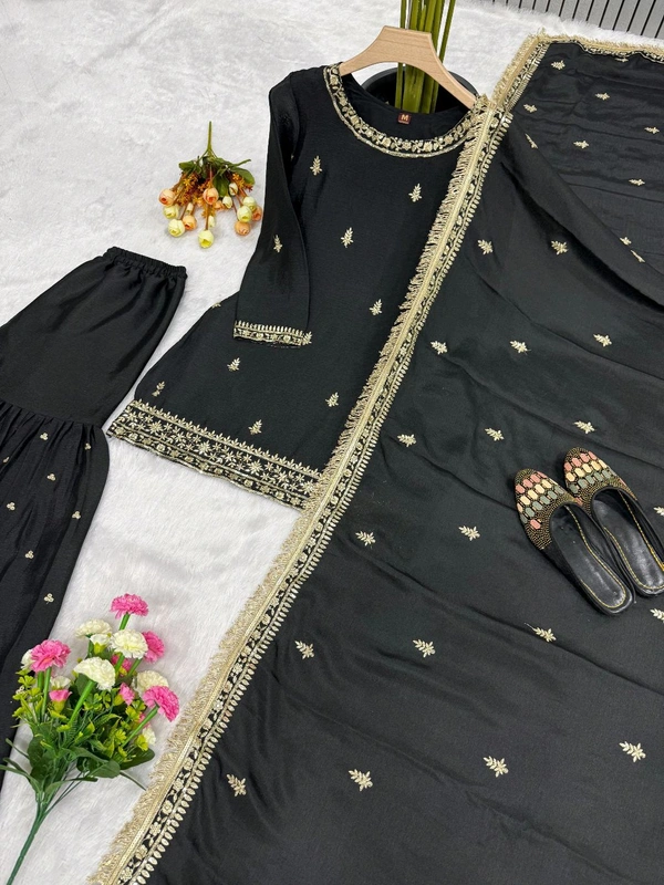Black Color Chinon Silk Sharara Suit - L