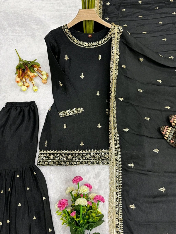 Black Color Chinon Silk Sharara Suit - L