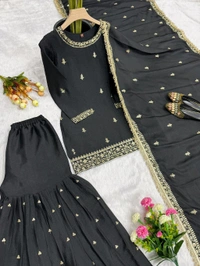 Black Color Chinon Silk Sharara Suit - XXL