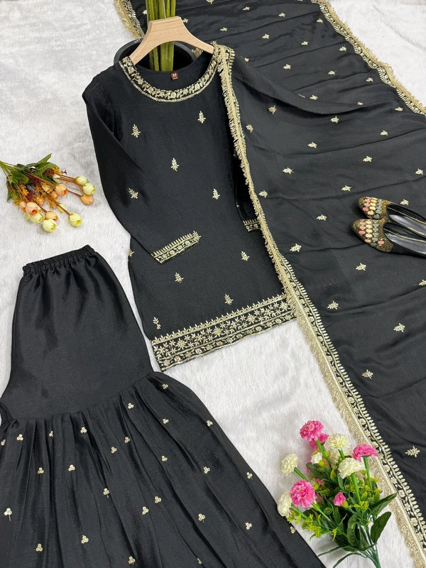 Black Color Chinon Silk Sharara Suit - XXL