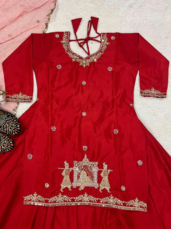 Crepe Silk Indo Western Lehenga Choli - Red, M