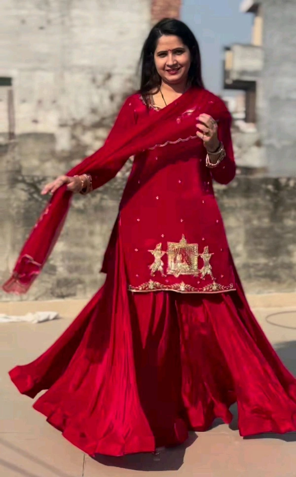 Crepe Silk Indo Western Lehenga Choli - Red, L