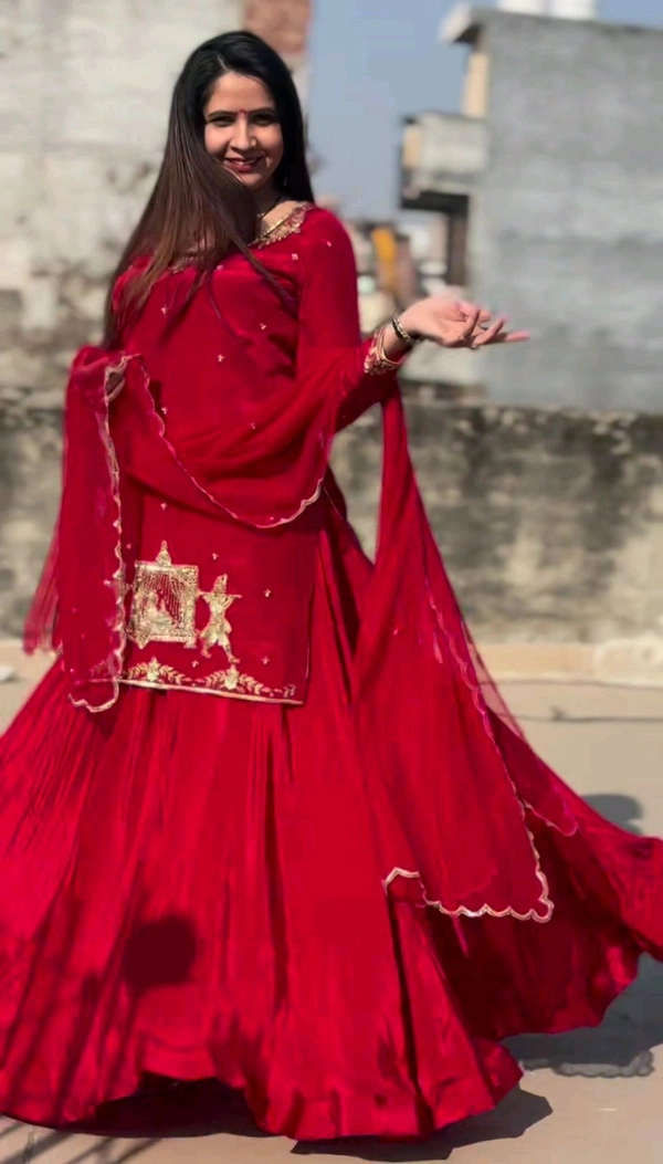 Crepe Silk Indo Western Lehenga Choli - Red, XXL