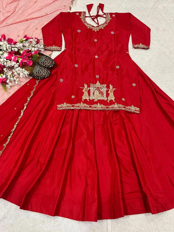 Crepe Silk Indo Western Lehenga Choli - Red, XXL