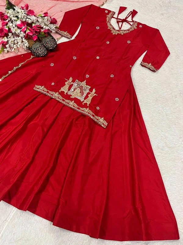 Crepe Silk Indo Western Lehenga Choli - Red, XXL