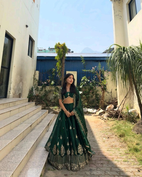 Jimmy Choo Silk Wedding Lehenga Choli - Free Size Upto 44inch, Green