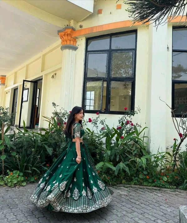 Jimmy Choo Silk Wedding Lehenga Choli - Free Size Upto 44inch, Green