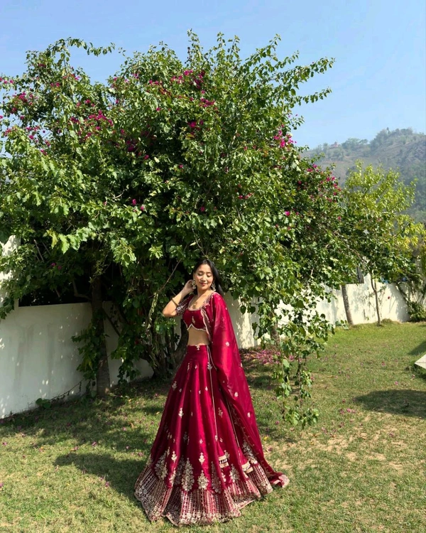 Jimmy Choo Silk Wedding Lehenga Choli - Free Size Upto 44inch, Bright Red