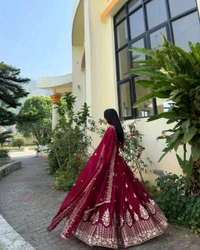 Jimmy Choo Silk Wedding Lehenga Choli - Free Size Upto 44inch, Bright Red