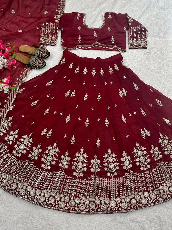 Jimmy Choo Silk Wedding Lehenga Choli - Free Size Upto 44inch, Bright Red