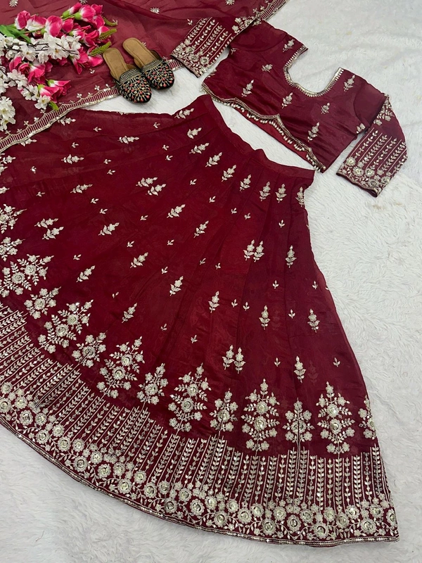 Jimmy Choo Silk Wedding Lehenga Choli - Free Size Upto 44inch, Bright Red