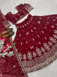 Jimmy Choo Silk Wedding Lehenga Choli - Free Size Upto 44inch, Bright Red