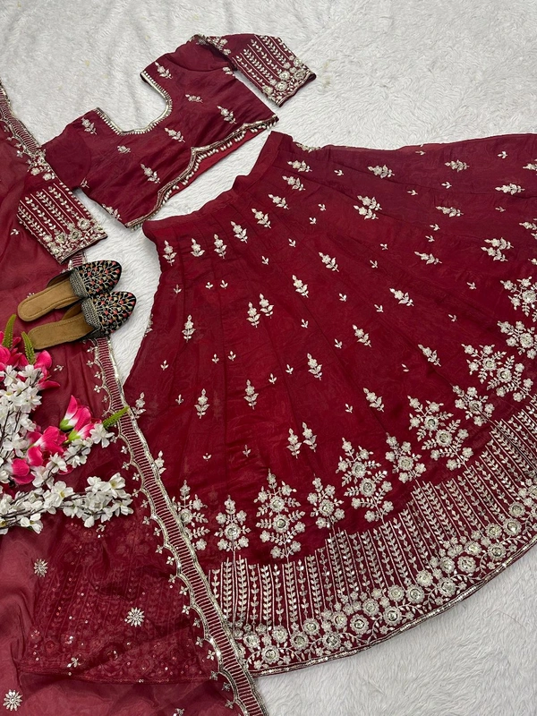 Jimmy Choo Silk Wedding Lehenga Choli - Free Size Upto 44inch, Bright Red