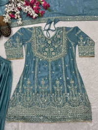 Heavy Chinon Silk Plazzo Suit - Juniper, XL