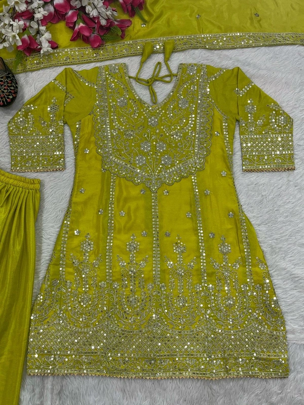 Heavy Chinon Silk Plazzo Suit - Green, XL
