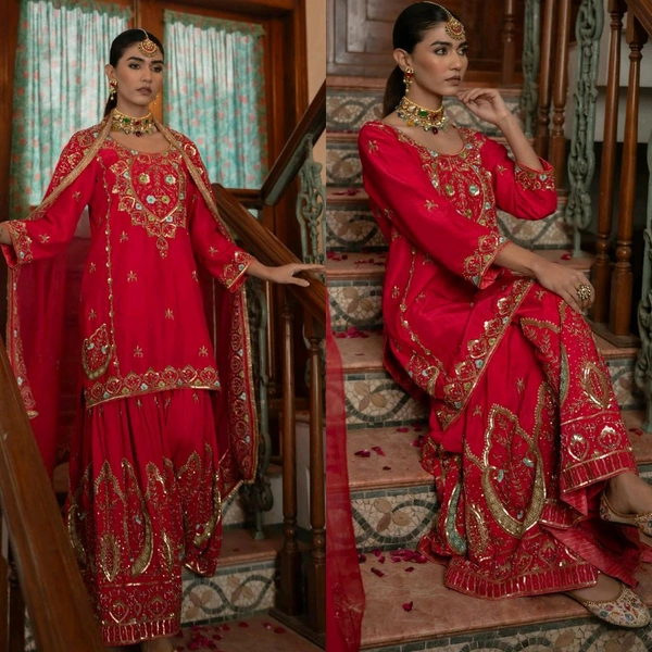 Bridal Wear Heavy Embroidery Work Sharara Suit - XXL