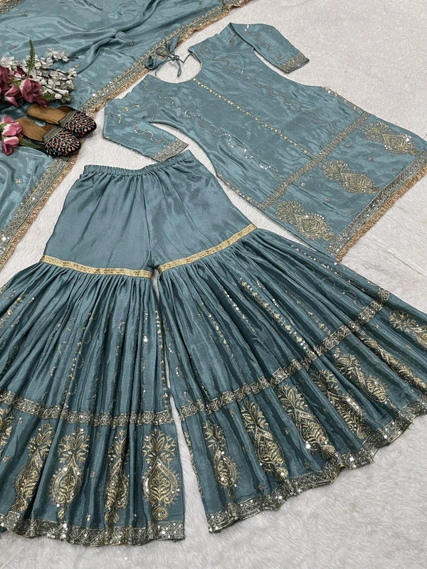 Muslim Wedding Style Heavy Sharara Suit - M, Juniper