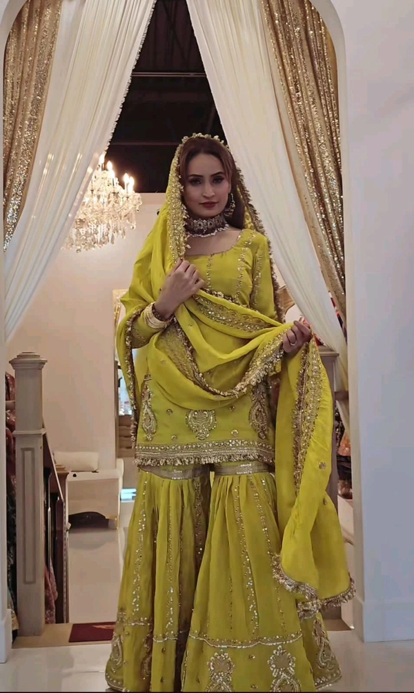 Muslim Wedding Style Heavy Sharara Suit - M, Trendy Green