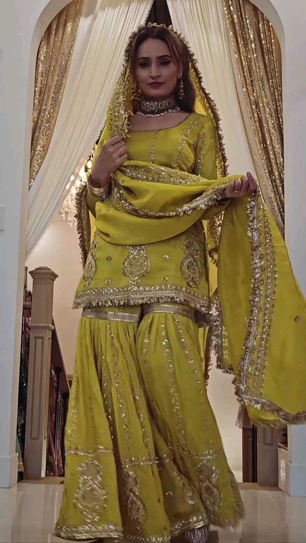 Muslim Wedding Style Heavy Sharara Suit - L, Trendy Green