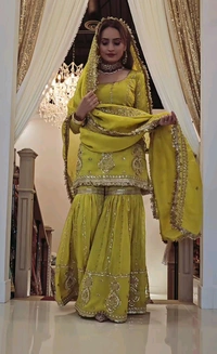 Muslim Wedding Style Heavy Sharara Suit - L, Trendy Green