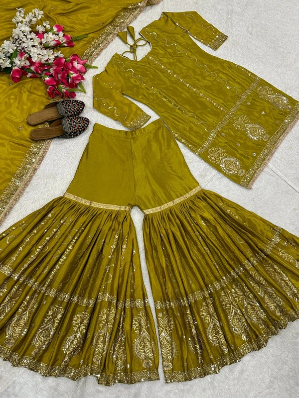 Muslim Wedding Style Heavy Sharara Suit - L, Trendy Green