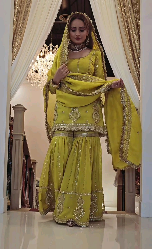 Muslim Wedding Style Heavy Sharara Suit - XL, Trendy Green