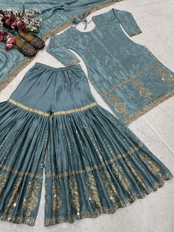 Muslim Wedding Style Heavy Sharara Suit - XXL, Juniper