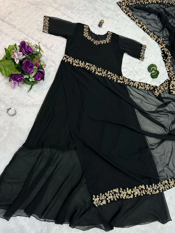 Most Selling Readymade Saree Gown - L, Black