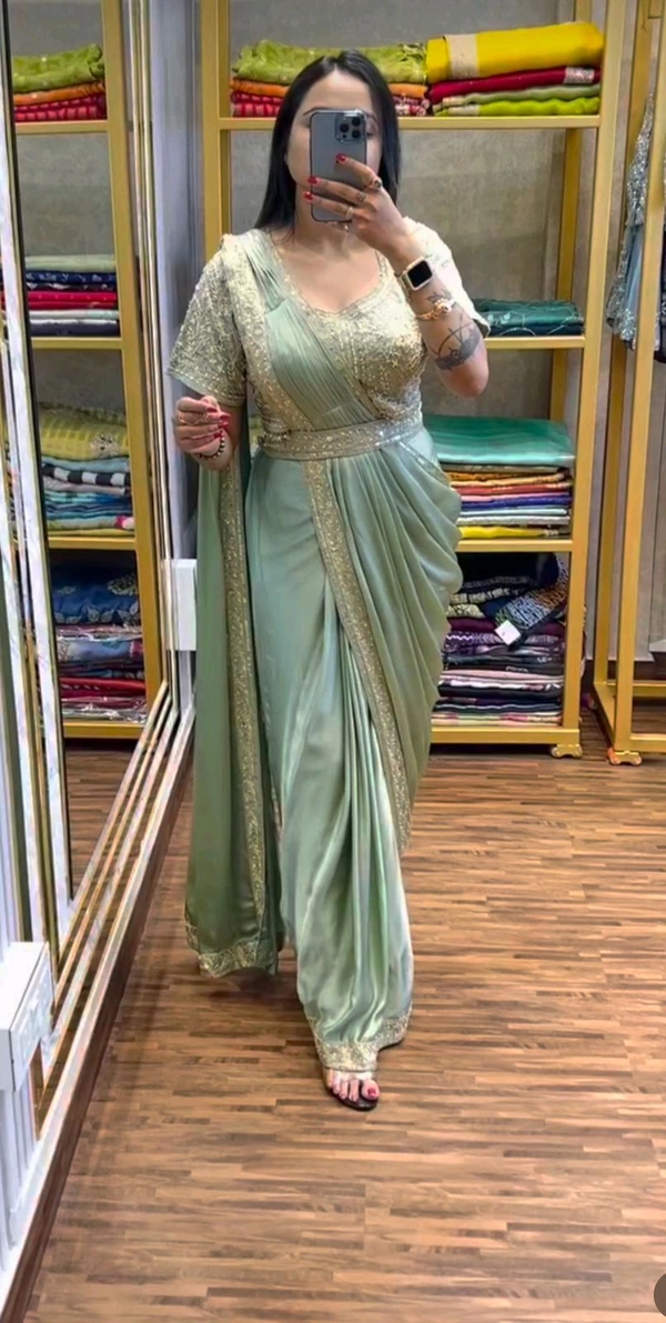 Ready To Wear Saree With Belt - Green