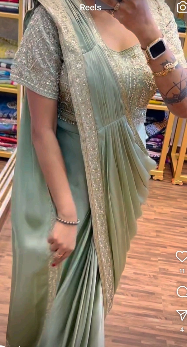 Ready To Wear Saree With Belt - Green