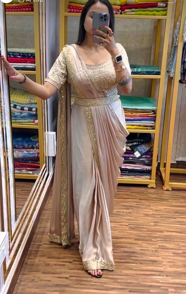 Ready To Wear Saree With Belt - Bone