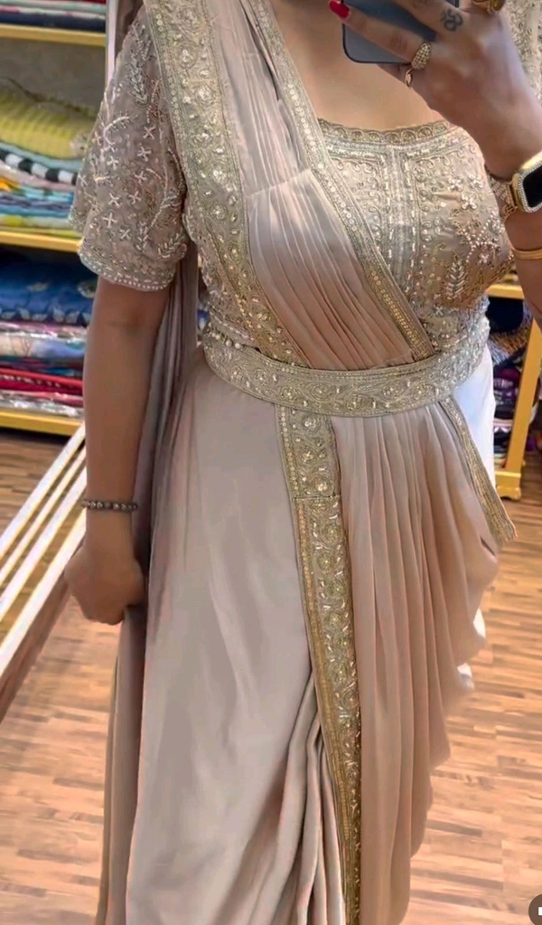 Ready To Wear Saree With Belt - Bone