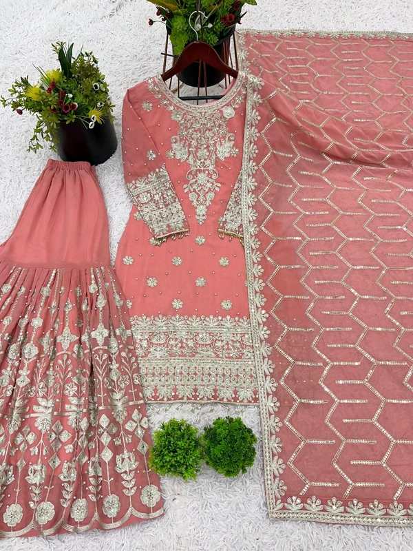 Partywear Heavy Embroidery Work Sharara Suit - XL