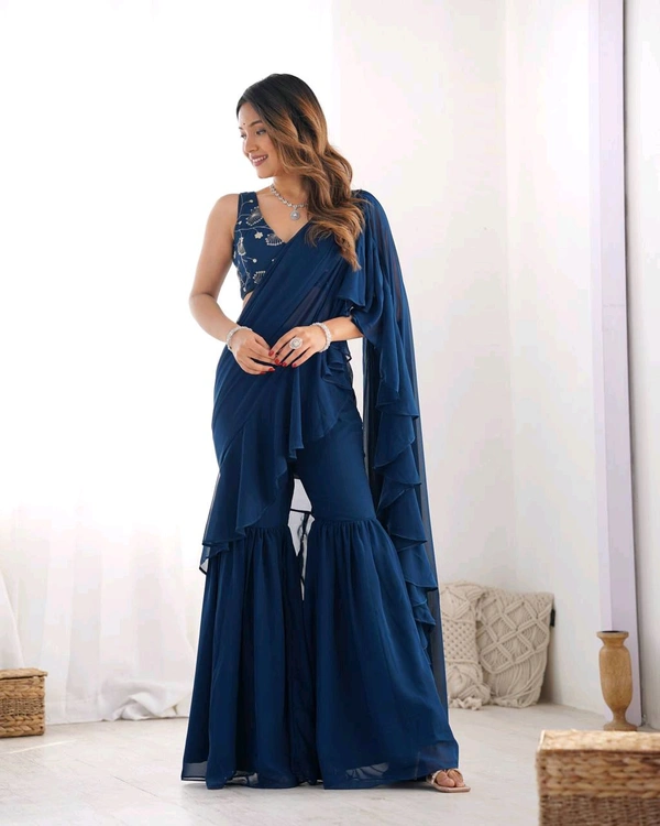 Ready To Wear Sharara Saree - Teal Blue, M