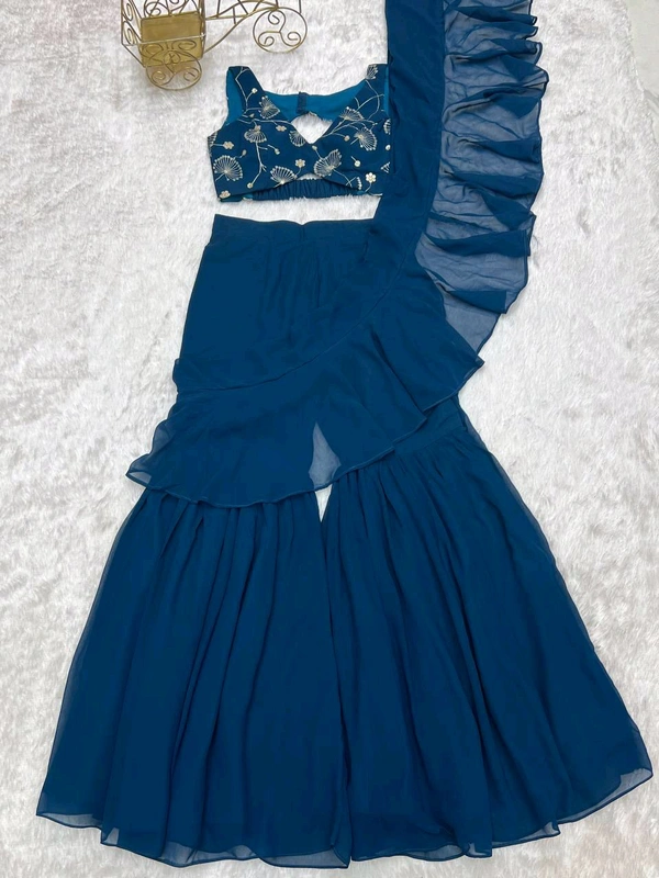 Ready To Wear Sharara Saree - Teal Blue, M