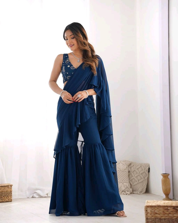 Ready To Wear Sharara Saree - Teal Blue, XXL