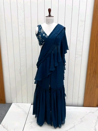 Ready To Wear Sharara Saree - Teal Blue, XXL