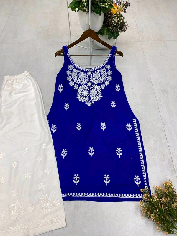 Sleeveless Chikankari Kurta With Plazzo Set - Blue, L
