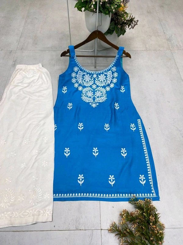 Sleeveless Chikankari Kurta With Plazzo Set - Light Blue, XL