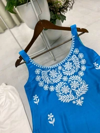 Sleeveless Chikankari Kurta With Plazzo Set - Light Blue, XXL