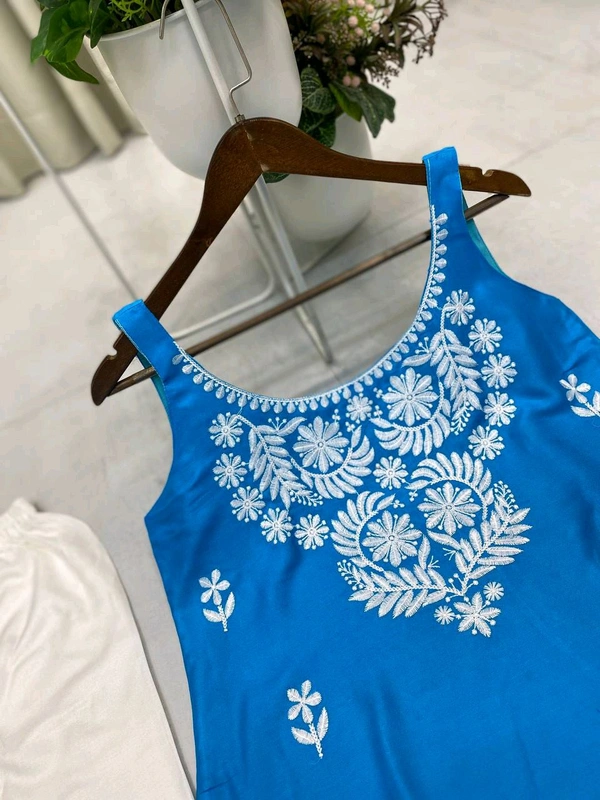 Sleeveless Chikankari Kurta With Plazzo Set - Light Blue, XXL